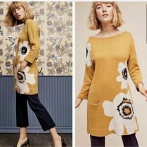 Anthropologie Field Flower Womens Tunic Dress Poppy Pocket Floral Yellow Mustard